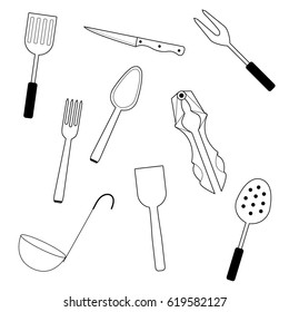  kitchen utensils, black and white 