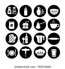 Kitchen utensils. Black and White vector icons set.