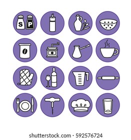 Kitchen utensils. Black and White vector icons set.