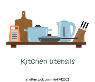 Kitchen utensils in a blue color on a shelf. There is a pan, a frying pan, a kettle, a grater, a set of knives and other objects in the picture. Vector illustration.