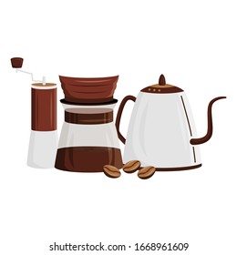 Utensilios de cocina ilustración vectorial. Vierta por la preparación del café. Molino de cebo. Proceso alternativo de elaboración de expreso. Objeto de color plano de utensilios de cocina. Hechizo aislado sobre fondo blanco