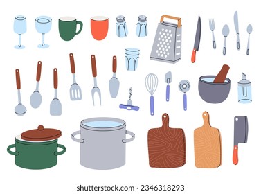 Kitchen utensils. Ceramic plates, mug, cup, wineglass, frying pan, sieve, colander, kitchen mitten, cooking glove, steel grater, mortar, rolling pin.