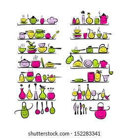 Kitchen utensils characters on shelves, sketch drawing for your design