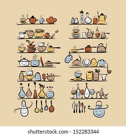 Kitchen utensils characters on shelves, sketch drawing for your design