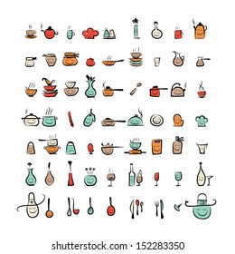 Kitchen utensils characters, sketch drawing icons for your design