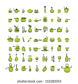 Kitchen utensils characters, sketch drawing icons for your design