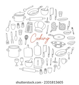 Kitchen utensils in circle design. Ceramic plates, mug, cup, wineglass, frying pan, sieve, colander, cooking glove, steel grater, mortar, rolling pin.