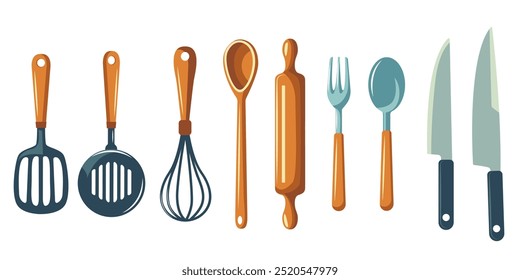 Kitchen utensils collection including spatula, whisk, knife, fork and spoon. Cutlery. Vector isolated on white background.