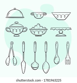 Kitchen utensils. Collection of objects for serving food. Doodle outlined style collection.