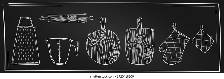 Kitchen utensils collection. Rolling pin, cutting board, grater, measuring cup,  oven glove, oven mitt, steak hammer. Hand drawn vector illustration. Kitchen tools, Line art on a blackboard.Chalkboard