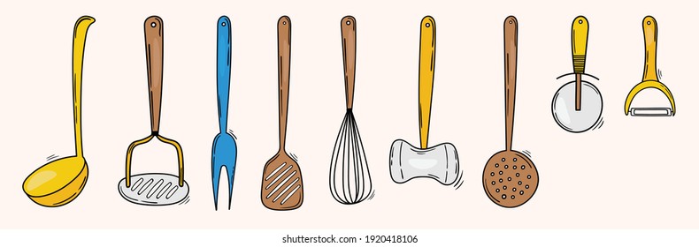 Kitchen utensils collection. Whisk, pizza cutter, spoon, potato pusher, peeler, slotted turner, hammer. Colorfull Hand drawn vector illustration. 