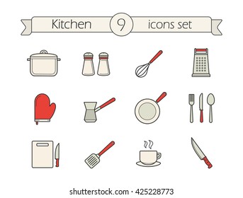 Kitchen utensils color icons set. Saucepan, salt and pepper shakers, whisk, grater, oven mitt, frying pan, fork, spoon, knife, cutting board, spatula, chef's knife. Vector isolated illustrations