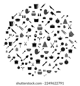 Kitchen Utensils concept in circle with clean and simple icons, Infographic idea of making creative products. Template for website banner, flyer and poster.