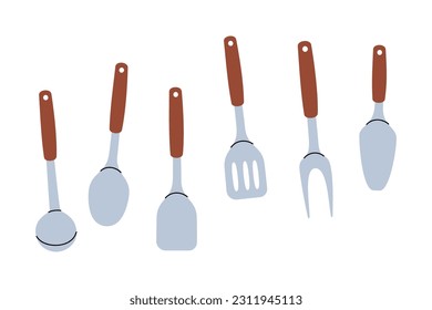 Kitchen utensils. Confectionery spatula, barbecue fork, kitchen spatula, ladle. Vector illustration.