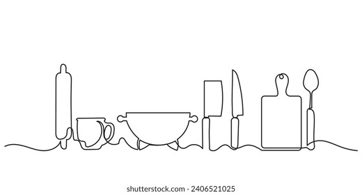 Kitchen utensils. continuous line drawing of kitchen tools, kitchen elements, kitchen equipment, and cooking tool illustration.