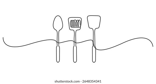 kitchen utensils continuous one line drawing. Single line drawing kitchen spoons. Hand drawn linear cooking icon. Vector illustration