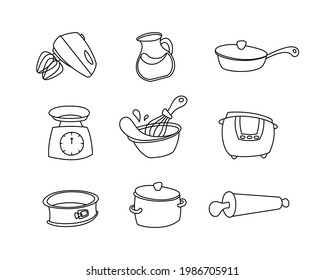 Kitchen utensils. Contour icons set. Hand drawn black illustration of kitchenware. Mixer, scale, pan, saucepan, baking dish, whisk, multicooker. Outline isolated vector doodles, white background
