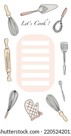 Kitchen Utensils Cook Book Page. Vector Template With Cute Doodle Culinary Tools.