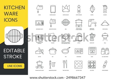 Kitchen utensils and cooking accessories line icons set vector with editable stroke, culinary accessories and utensils, bbq and blender, butter and coffee pot, defrost and double boiler