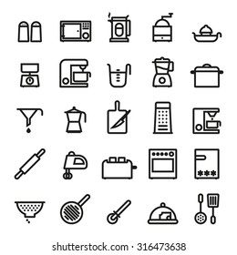 Kitchen Utensils and Cooking Appliances Black Line Icons Collection. Set of 25 vector symbols.