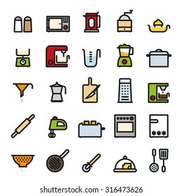 Kitchen Utensils and Cooking Appliances Color Icons Collection. Set of 25 symbols.