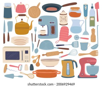 Kitchen utensils. Cooking and baking equipment toaster, blender, wooden board, kettle. Flat cartoon cookware, kitchenware accessories vector set. Electric appliances isolated on white