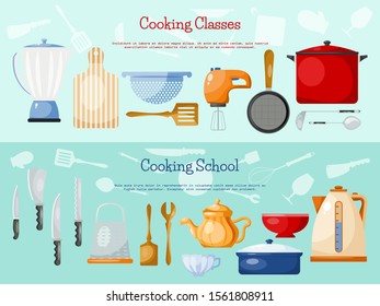 Kitchen utensils and cooking banners vector illustration. Kitchenware for cooking, glass, porcelain and enamelware. Cartoon style utensil for web banner, chefs courses.