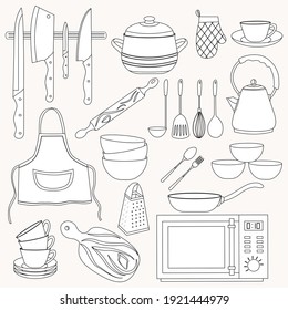 Kitchen utensils for cooking in black and white . Vector set of kitchen accessories, metal and ceramic dishes. Kitchen accessories, kitchen equipment.