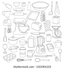 Kitchen Utensils, Cooking Utensils, Cook Tool, Chef Utensil, Bakery tools, Drawing, Hand Drawn illustration - Vector