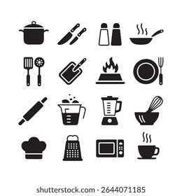 Kitchen utensils and cooking elements icon set