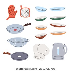 Utensilios de cocina. Guante de cocina, placas de cerámica, sartén, colanda, hervidor eléctrico, sombrero de chef. Ilustración vectorial.