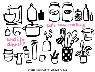 Kitchen utensils and cooking illustrations, simple artistic doodles for posters and recipe design, Black vector drawings of pan, cutlery and dishes, baking equipment