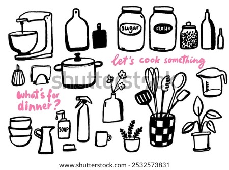 Kitchen utensils and cooking illustrations, simple artistic doodles for posters and recipe design, Black vector drawings of pan, cutlery and dishes, baking equipment