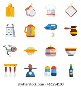 Kitchen Utensils and Cooking Items Flat Icons Set Isolated Vector Illustration