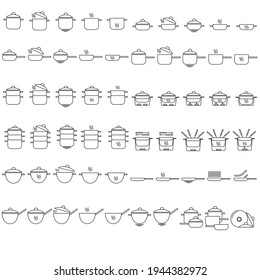 Kitchen utensils for cooking linear icons set in outline style, Various types of pans and containers for cooking and heating vector illustration