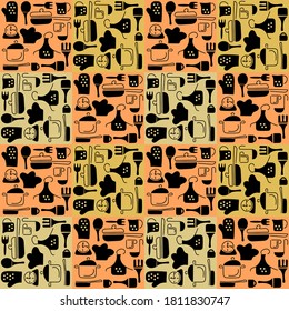 Kitchen utensils, cooking seamless pattern. Template for fabric, background, menu design, packaging . Doodle style, hand-drawn Cutlery, dishes . Vector