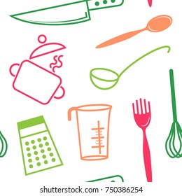 Kitchen utensils and cooking seamless vector pattern. Pink and green elements on a white background. 