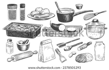 Kitchen utensils for cooking. Set of hand drawn stewpan, cutting board, pan, baking sheet, spice jars, flour, packaged peppers, mortar, vegetable peeler, rolling pin, wooden spatula isolated on white