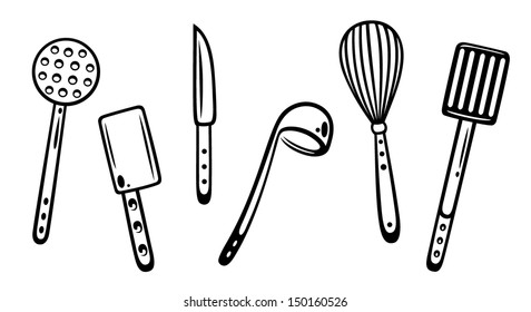 Kitchen utensils for cooking, soup ladle, cutlery and knife.