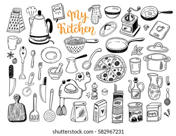 Kitchen utensils, cooking stuff hand drawn sketch set, collection of a funny isolated vector doodles.