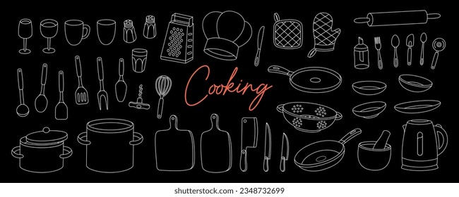 Kitchen utensils for cooking. Cooking tools, appliances, kitchenware. Ceramic plates, mug, cup, wineglass, frying pan, sieve, colander, steel grater.