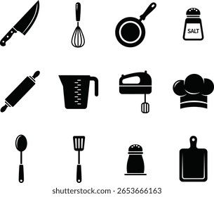 Ícones de utensílios de cozinha e ferramentas de cozinha - Faca, Uísque, Frigideira, Agitador de sal, Rolando Pin, Copo de medição, Mixer, Chapéu Chef, Colher, Espátula, Tabuleiro de corte Vetor Ilustrações