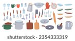 Kitchen utensils. Cooking tools, kitchenware, utensil. Ceramic plates, mug, wineglass, frying pan, sieve, colander, steel grater, mortar, rolling pin.