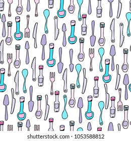 Kitchen Utensils and cooking tools seamless pattern. Endless repeat texture can be used for wallpaper, pattern fills, decoupage background, holiday napkins surface textures. Doodle vector background.