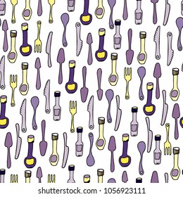 Kitchen Utensils and cooking tools seamless pattern. Endless repeat texture can be used for wallpaper, pattern fills, decoupage background, holiday napkins surface textures. Doodle vector background.