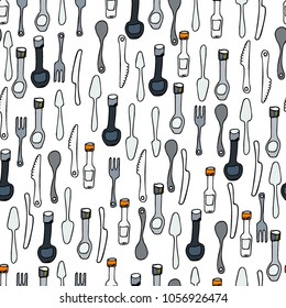 Kitchen Utensils and cooking tools seamless pattern. Endless repeat texture can be used for wallpaper, pattern fills, decoupage background, holiday napkins surface textures. Doodle vector background.