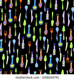 Kitchen Utensils and cooking tools seamless pattern. Endless repeat texture can be used for wallpaper, pattern fills, decoupage background, holiday napkins surface textures. Doodle vector background.