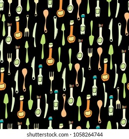 Kitchen Utensils and cooking tools seamless pattern. Endless repeat texture can be used for wallpaper, pattern fills, decoupage background, holiday napkins surface textures. Doodle vector background.