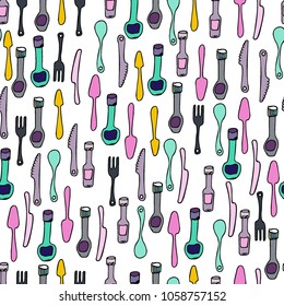 Kitchen Utensils and cooking tools seamless pattern. Endless repeat texture can be used for wallpaper, pattern fills, decoupage background, holiday napkins surface textures. Doodle vector background.