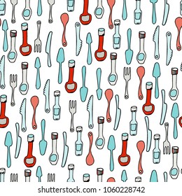 Kitchen Utensils and cooking tools seamless pattern. Endless repeat texture can be used for wallpaper, pattern fills, decoupage background, holiday napkins surface textures. Doodle vector background.